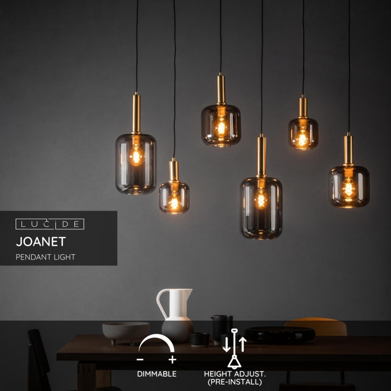 Lucide JOANET - Závesné svietidlo - 6xE27 - Smoke Grey